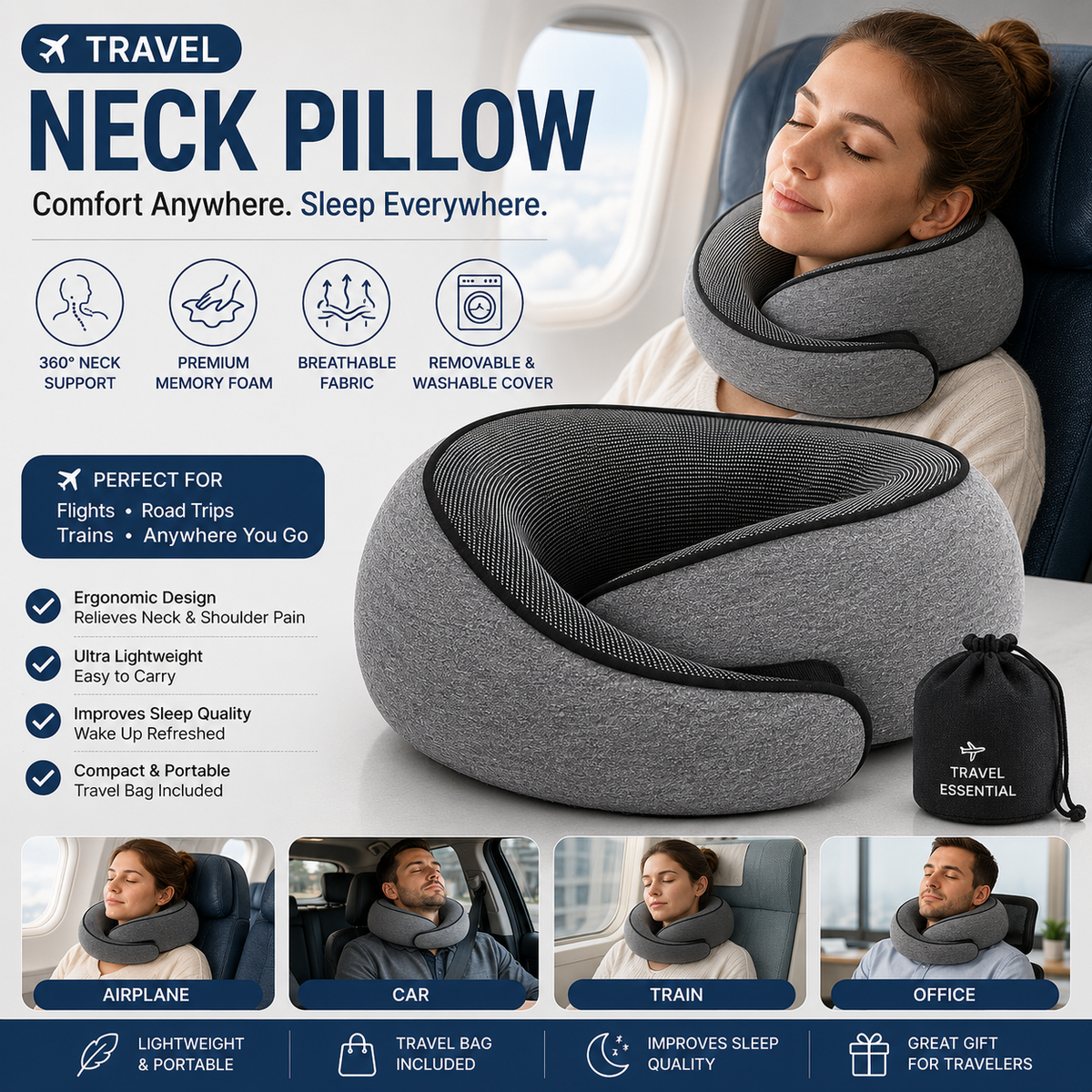 Memory Foam Travel Neck Pillow